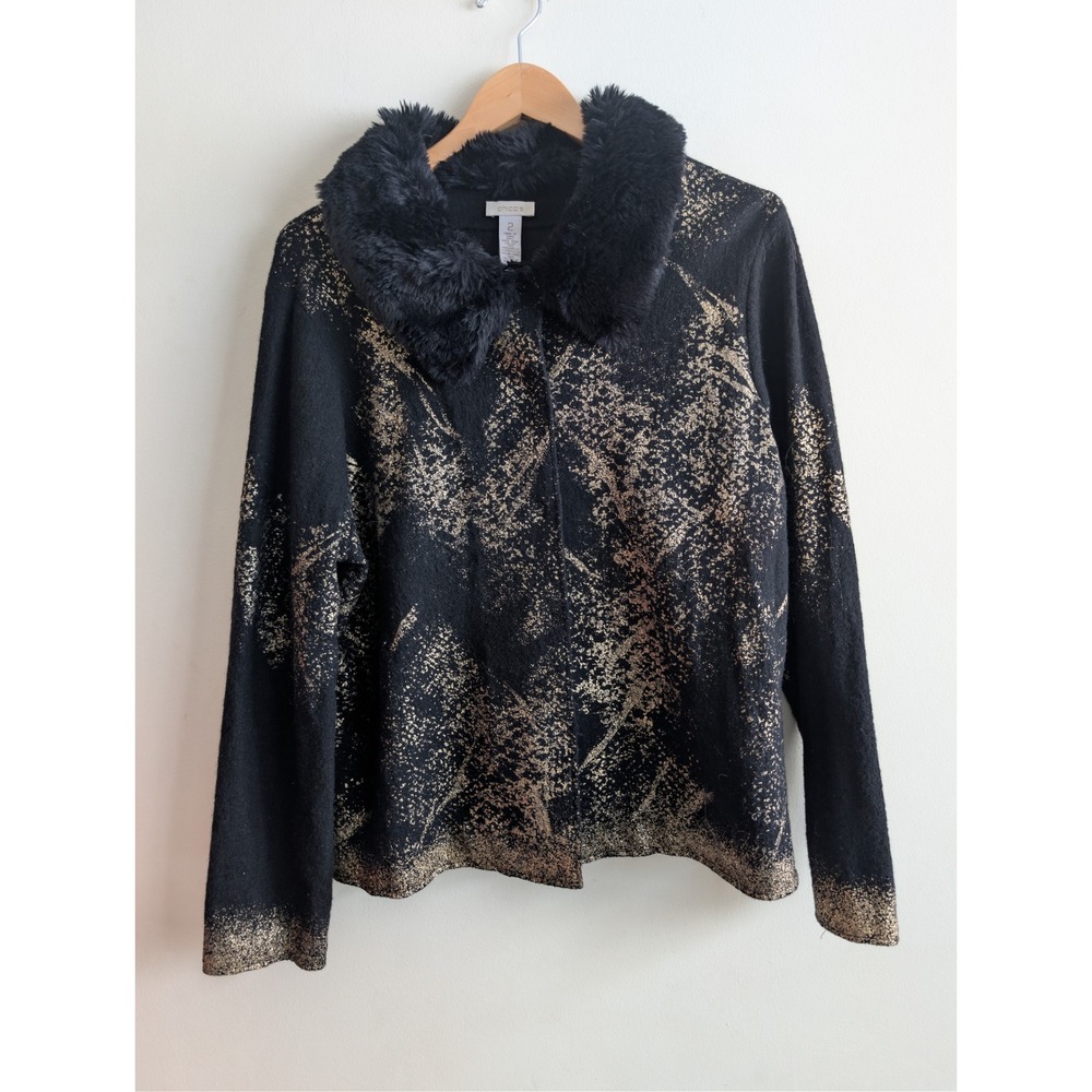 Chicos Black Gold Metallic Print Faux Fur Collar Cardigan Sweater Jacket Sz‎ L 2